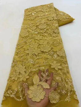 Африканская кружевная ткань 2023 Золотые блестки, вышивка бисером, жених, нигерийская свадебная высококачественная кружевная ткань из французского тюля для свадьбы