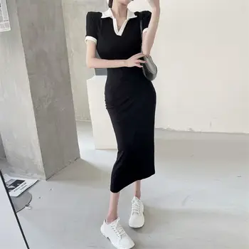 Шикарное Элегантное облегающее платье Миди с коротким рукавом, V-образный вырез, отложной воротник, обертывание, карандаш Y2k, Корейская женская мода, Vestido U295