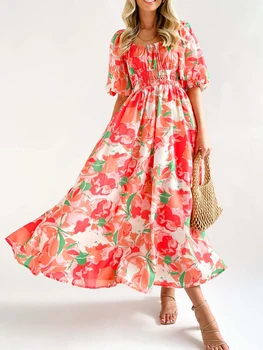 Женское элегантное платье Макси без рукавов с V-образным вырезом, цветочным принтом и гофрированным подолом, идеально подходящее для летней пляжной одежды