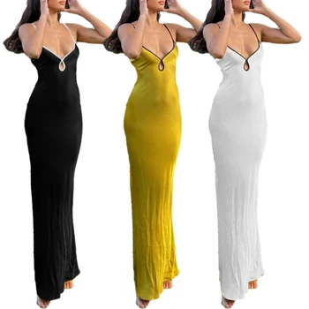 Женское приталенное платье Макси-длины на бретельках, сексуальное платье с V-образным вырезом и завязкой на спине, облегающее платье макси-длины без спинки