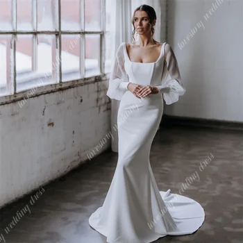 Новые Простые Красивые Свадебные платья с квадратным вырезом и длинными рукавами, Платья Невесты-Русалки, Сексуальное Свадебное платье с открытой спиной, Vestidos De Noiva