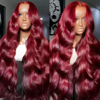 180% 38 дюймов 99J Бордовые парики с объемной волной 13x6 Кружевных фронтальных париков из человеческих волос для женщин, винно-красные Бразильские парики Remy