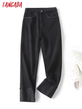 Женские джинсовые брюки из флиса в стиле пэчворк Tangada, брюки с карманами и пуговицами, женские брюки 7B34