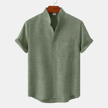 2023 Новая мужская однотонная рубашка с воротником-стойкой, повседневный свободный пуловер на пуговицах, мужской короткий рукав