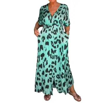 Женское Макси-платье Женское платье с Леопардовым Принтом Леопардовое Платье Макси с V-образным вырезом и Карманами Контрастного Цвета Стильной Длины по щиколотку для