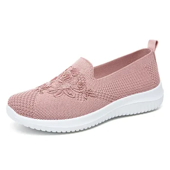 Женские осенние мягкие туфли на плоской подошве с вышивкой 2023 года, дышащие вязаные туфли на плоской подошве, женская повседневная обувь с китайским цветком