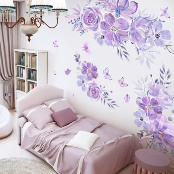 Очень большие настенные наклейки с фиолетовым цветочным фоном для домашнего декора гостиной и спальни