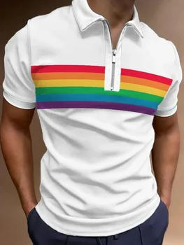 Рубашка поло с принтом в радужную полоску, летние дизайнерские рубашки для гольфа для мужчин, разноцветные модные топы, повседневная уличная одежда большого размера