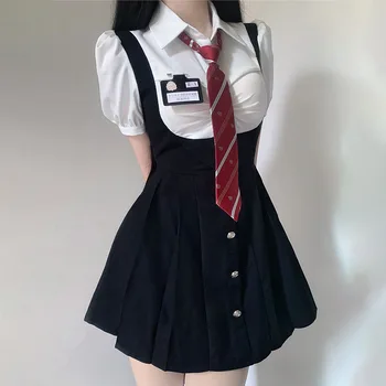 Японская униформа JK, костюм для стройных американских девушек, Комплект униформы в стиле колледжа, рубашка, юбка на бретельках, Корейский костюм выпускной студентки