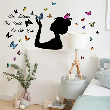 Наклейки на стену Девушка с Бабочками Цитаты для Спальни Съемные Наклейки ПВХ Декор Художественное Украшение Комнаты девочек