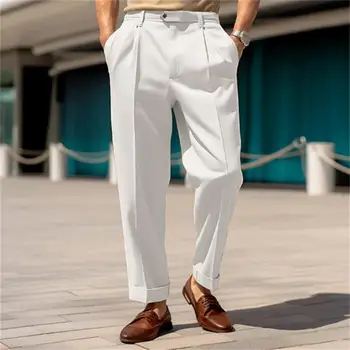 Брюки с усиленными карманными швами, однотонные мужские брюки, стильные брюки для мужского костюма, удобные широкие штанины со средней талией для официальных мероприятий
