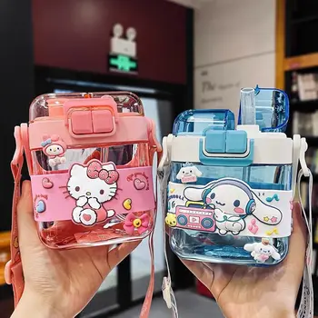 Бутылка Для Воды Sanrio Kawaii Hello Kitty Kuromi Cinnamoroll Прозрачная Пластиковая Бутылка Для Воды с Соломинкой Портативный Стакан Для Воды Подарок