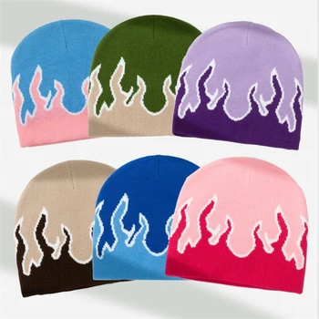 Зимняя шапочка-бини ручной работы, вязаная шапка с рисунком пламени, повседневная прогулочная шляпа