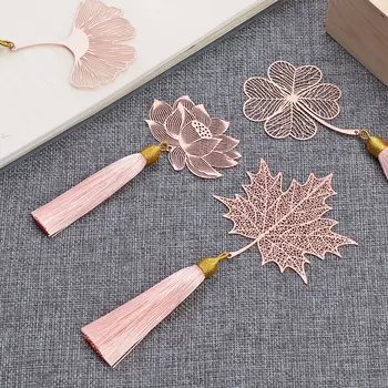 Симпатичный держатель для книг из розового золота, лист абрикоса, Металлическая закладка с кисточкой в китайском стиле