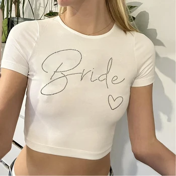 Летняя графика для невест, украшенная стразами, буквенный принт, готический стиль Y2k для девочек, эстетичные облегающие топы, детская футболка, женская футболка, уличная одежда