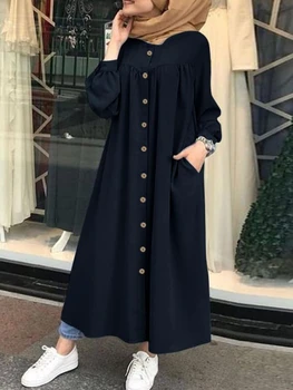 Мусульманское платье 5XL, Женская Рубашка-хиджаб, Макси-платье с длинным рукавом, женский Халат на пуговицах, женский мусульманский Сарафан с высоким воротником, сплошной Васит