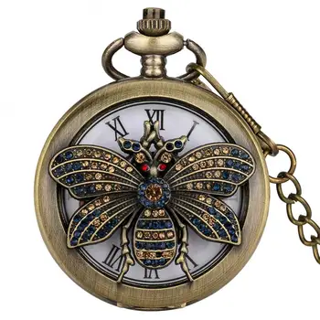 Бронзовая Ретро-инкрустированная бриллиантами Пчелиная Сова, произведение ручной работы, Полые кварцевые карманные часы, Антикварное ожерелье, цепочка для свитера, брелок для часов