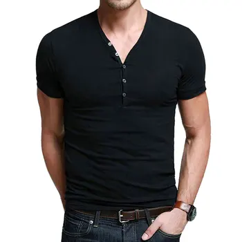 Мужские летние рубашки поло, однотонная футболка с V-образным вырезом, коротким рукавом и пуговицами, повседневные летние футболки