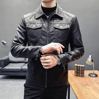 Мужская куртка Мужская куртка с застежкой-молнией Модная прочная мужская черная мотоциклетная куртка с отворотом на молнии Стильная для дома