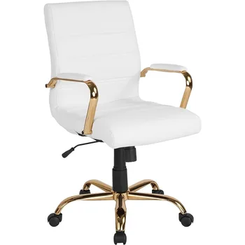 Рабочее кресло Whitney Со Средней спинкой - Белое Вращающееся Офисное Кресло Для руководителей из Мягкой кожи с Золотой рамой - Вращающееся кресло