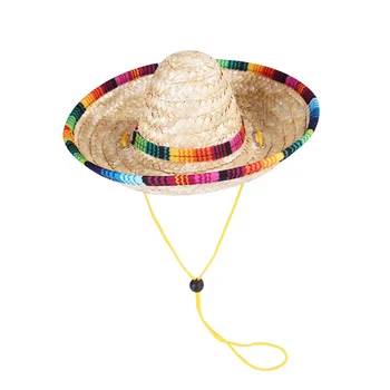 Дышащая соломенная кепка с козырьком и регулируемым шнурком для уличных питомцев - Сомбреро для собак и кошек в мексиканском стиле, идеальный питомец