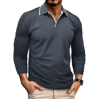 Мужская осенне-зимняя новинка 2023, модная футболка-поло с V-образным вырезом, однотонный топ-поло с длинным рукавом