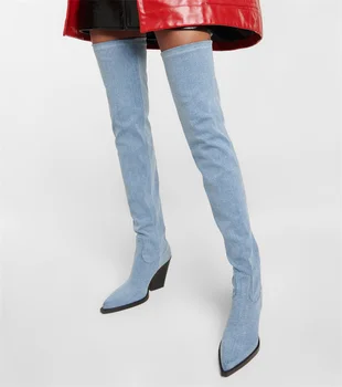Новые женские ковбойские сапоги-стрейч размера плюс, женские рыцарские сапоги в стиле Вестерн, Сапоги выше колена, узкие сапоги на массивном каблуке, Длинные сапоги с острым носком