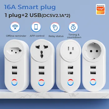 Tuya WiFi Smart 16A Power Plug Outlet EU US AU UK BR Розетка USB Time Remote Control от Smartlife App Alexa Google Home