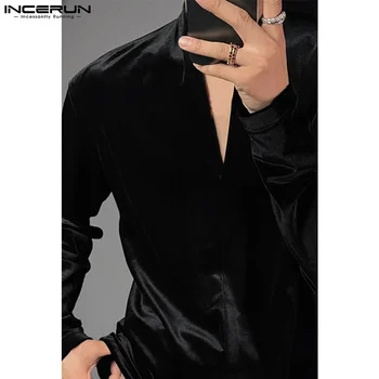 INCERUN Топы 2024, Мужские футболки из цельной замши в корейском стиле, Повседневная уличная одежда с V-образным вырезом, Универсальные футболки с длинными рукавами S-5XL