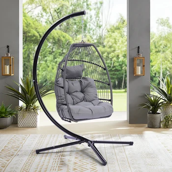 Плетеный Складной Подвесной стул для патио, ротанговые качели, гамак-яйцо, Стул с кронштейном типа C, с подушкой и