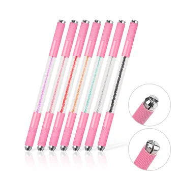 Микроблейдинг, Розовая акриловая ручка с двойным кристаллом, инструменты для перманентного макияжа бровей 2 Использования Для плоских или круглых игл