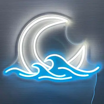 Неоновый свет Луны над морем, Сумеречная волна, светодиодные настенные вывески с регулируемой яркостью с питанием от USB для декора комнаты, неоновый свет аниме, акриловый знак Луны