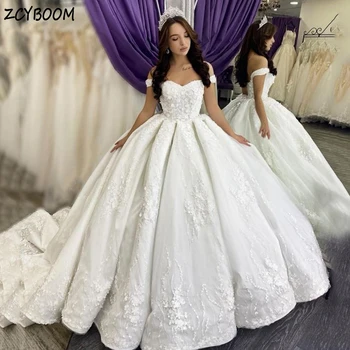 Роскошные аппликации в виде сердечка, Белое свадебное платье без рукавов с открытой спиной, Бальное платье 2024 года, длина до пола, шлейф, Свадебное платье на шнуровке