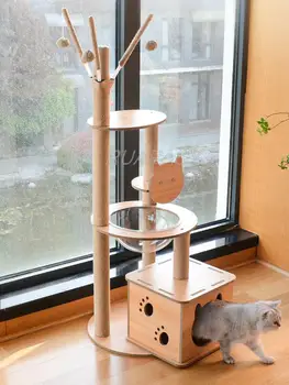 Многоуровневая Мебель Для Кондоминиума Cat Tree Из Сизаля, Когтеточки для Прыгающих Игрушек Cat Tower с Большим Деревянным Котенком Blasket, Играющим