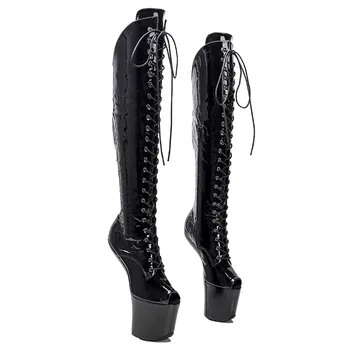 LAIJIANJINXIA/ Стриптизерша, Сексуальный боевой фетиш, сапоги выше колена на платформе и высоком каблуке, женские зимние черные туфли для танцев на шесте длиной 20 см