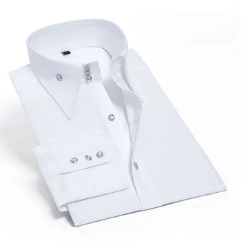 Классическая мужская рубашка с пряжкой из горного хрусталя, длинный рукав, Приталенный крой, Корейская мода, деловые Повседневные Белые рубашки Formale