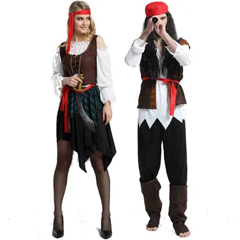 Пиратские костюмы для женщин, мужчин, взрослых, костюм капитана Джека Воробья на Хэллоуин, комплект одежды для косплея Пиратов Карибского моря