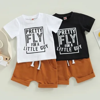 Короткие комплекты для новорожденных мальчиков, летняя одежда 2023, Футболка с коротким рукавом и буквами, однотонные шорты на шнурке, одежда от 0 до 3 лет
