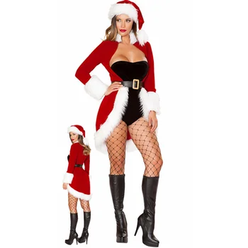 Рождественские платья Женская одежда Сексуальный Рождественский Косплей Костюм Санта Клауса Красное Бархатное Пальто Комбинезон Пояс Шляпа Рождественский набор