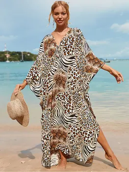 2023 Свободное Пляжное платье С принтом в стиле Бохо, Повседневные Платья Макси С V-образным вырезом и рукавом 