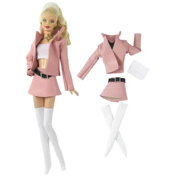 Официальный NK 1 комплект кукольного платья из искусственной кожи, комбинация: розовое пальто + топ + юбка + длинные кожаные сапоги Для куклы Барби, аксессуары для игрушек