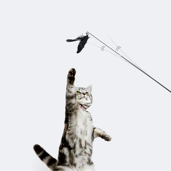 Интерактивная игрушка для домашних животных Funny Cat Teaser Stick Удлиненный Телескопический стержень Со сменным колокольчиком из перьев