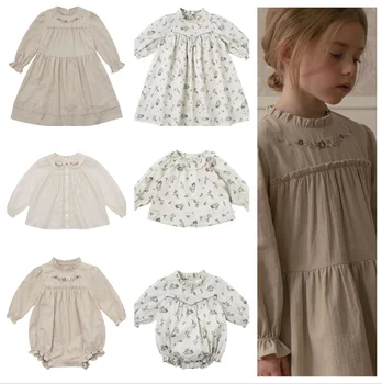 Детские платья для девочек, новинка осени 2023 года, LOU Baby Girl, милые платья с кружевным принтом, рубашки с длинными рукавами, детские комбинезоны
