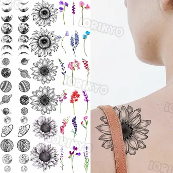 Маленькие временные татуировки в виде цветка солнца для женщин и девочек, реалистичные планетарные красочные лавандовые поддельные татуировки, наклейки на шею сзади, татуировки на шее