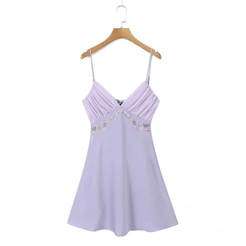 Летнее Женское сексуальное мини-платье с открытой спиной и цветочной вышивкой фиолетового цвета на слинге, праздничный халат