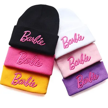 Вязаная шапка Kawaii с вышивкой буквами Барби для девочек, женская Розовая теплая Лыжная шапочка, Верхняя одежда, Зимние шапочки, Аксессуары для одежды