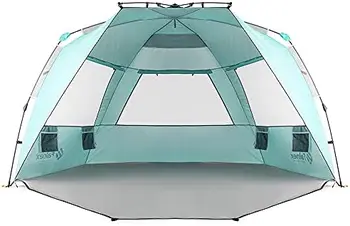 Палатка Classic XL с двойным серебристым покрытием UPF 50 + Навес для загара на 4-6 человек, Пляжный козырек с удлиненным полом на молнии Бирюзового цвета