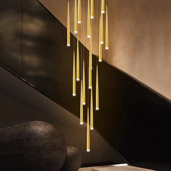 Золотая коническая люстра Светодиодная современная лампа для гостиной, внутреннее освещение, Кухонная лампа, Люстра для лестницы в холле высокого здания
