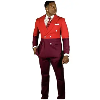 Новейший дизайн, мужские костюмы в стиле пэчворк, красный, бордовый, приталенный, 2 предмета, двубортный, сшитый на заказ для выпускного вечера, блейзер для жениха, куртка + брюки