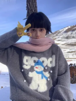 Милый Мультяшный пуловер со снеговиком, Свитер, Женский свободный вязаный свитер с круглым вырезом, топ Kawaii, повседневные толстовки Y2k Harajuku с длинным рукавом